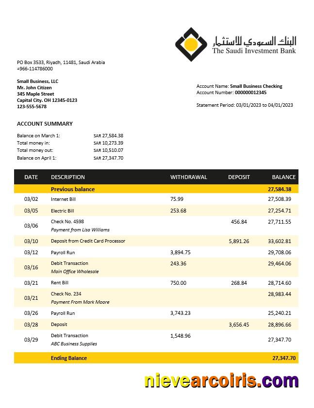 Saudi Investment Bank business checking account statement